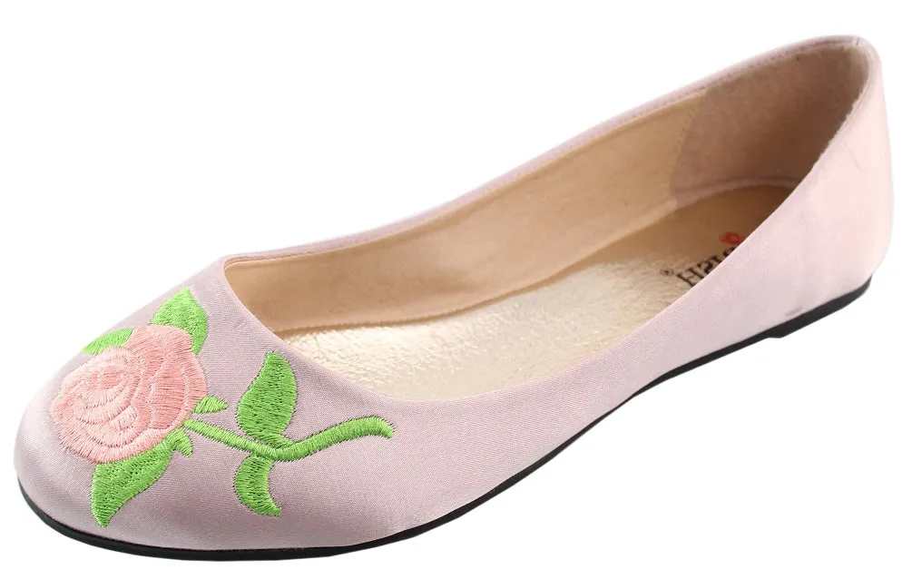 Elegant Footwear Women's Embroidered Rose Floral 90s Round Toe Ballet Flat