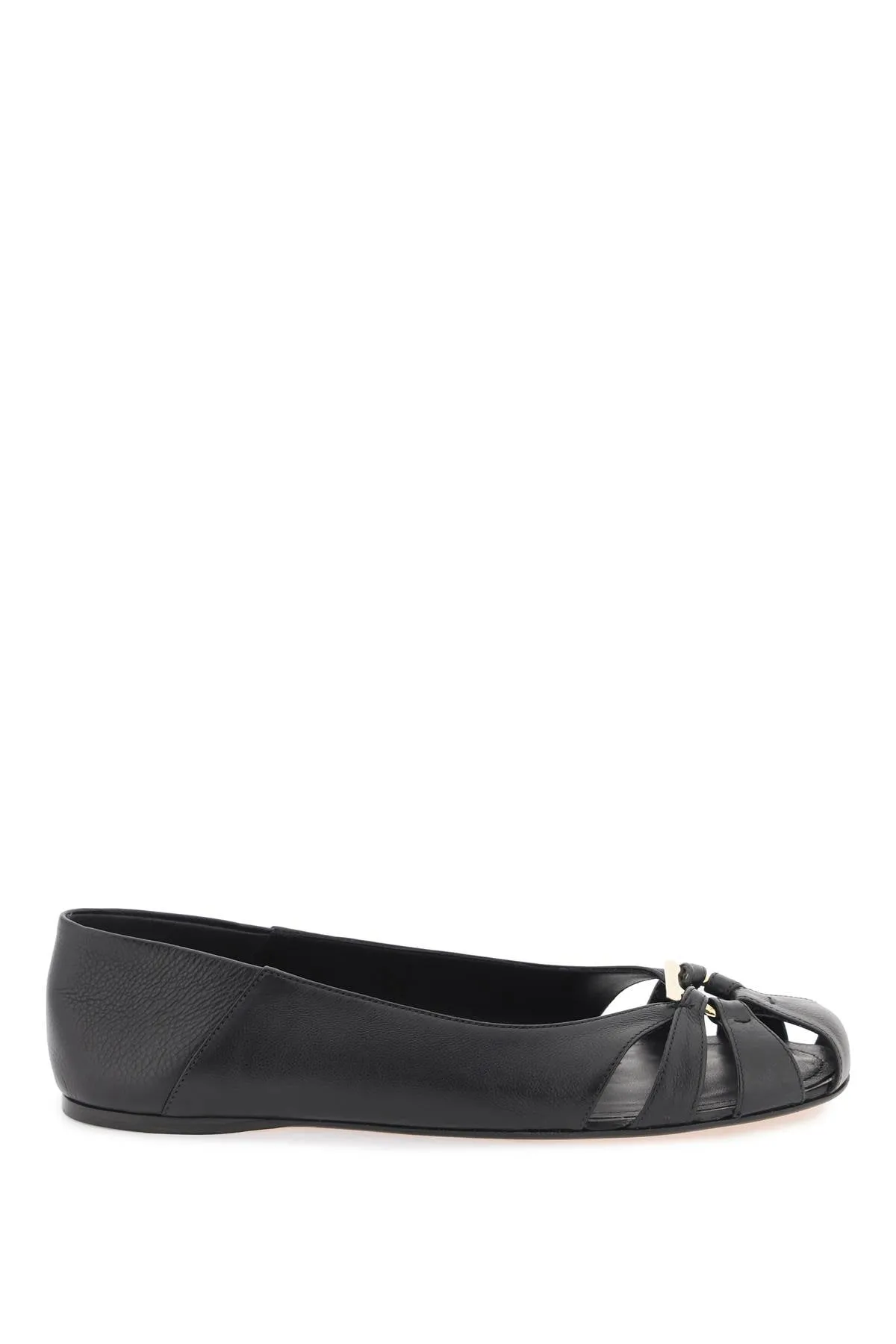 Ferragamo Elegant Black Leather Ballet Flats with Iconic Gancini Hook for Women