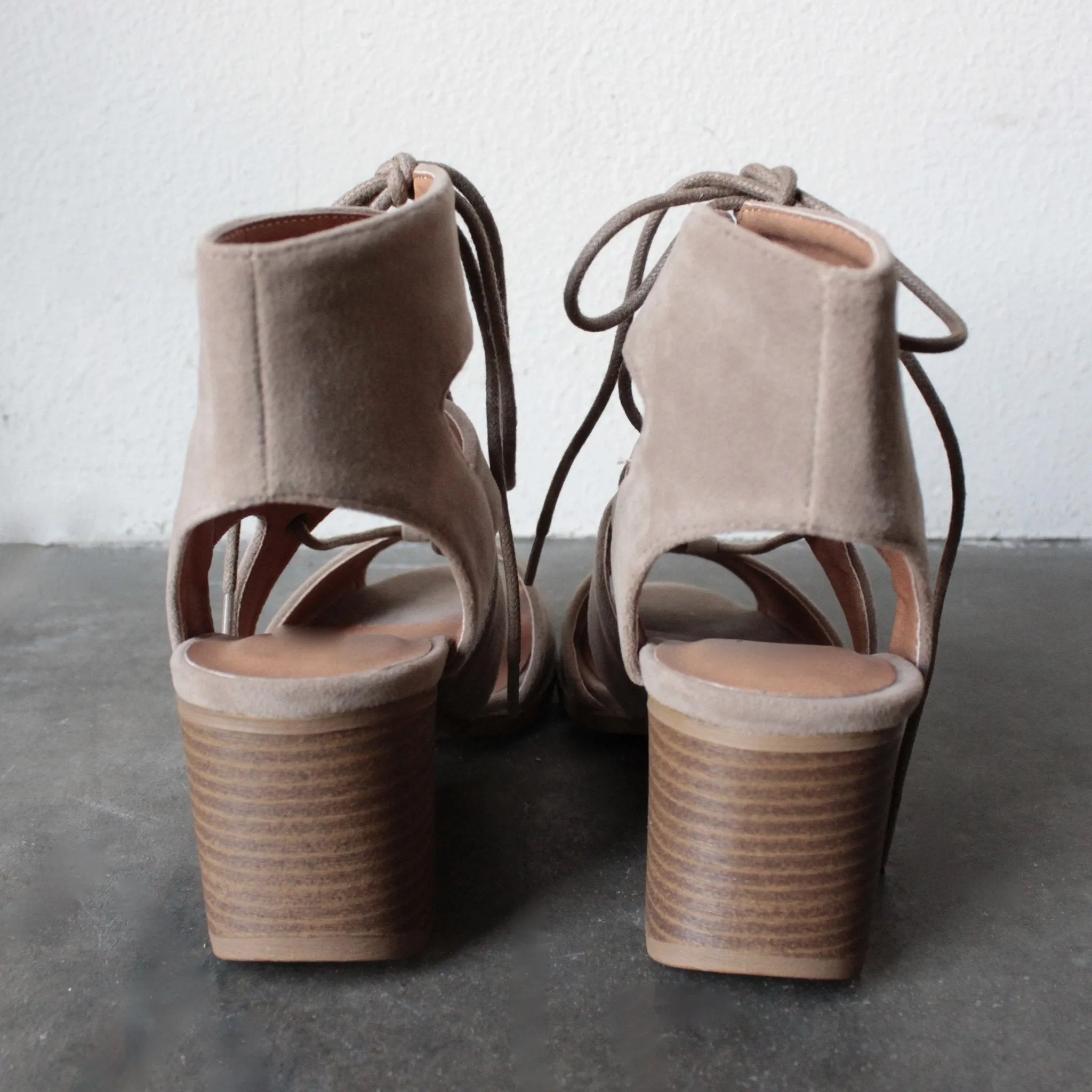 Final Sale - Lace Up Cut Out Heeled Sandals in Taupe