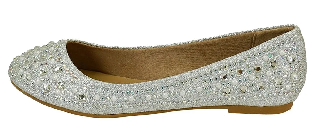 Forever Link Women's Sparkle Bead Crystal Embellished Metallic Dress Ballet Flat