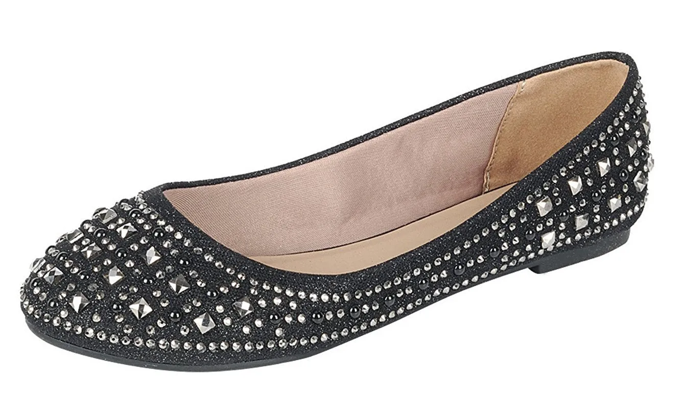 Forever Link Women's Sparkle Bead Crystal Embellished Metallic Dress Ballet Flat