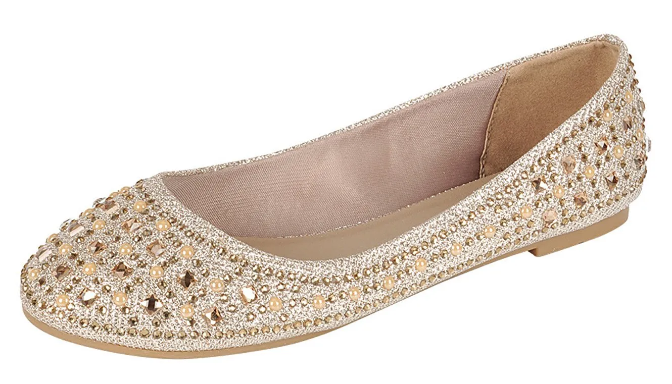 Forever Link Women's Sparkle Bead Crystal Embellished Metallic Dress Ballet Flat