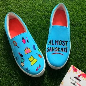 Funky N Trendy hand painted water resistant Almost Sanskari theme slip on shoes/ handpainted shoes/ women shoes / funky shoes/ blue shoes / funky handpainted shoes