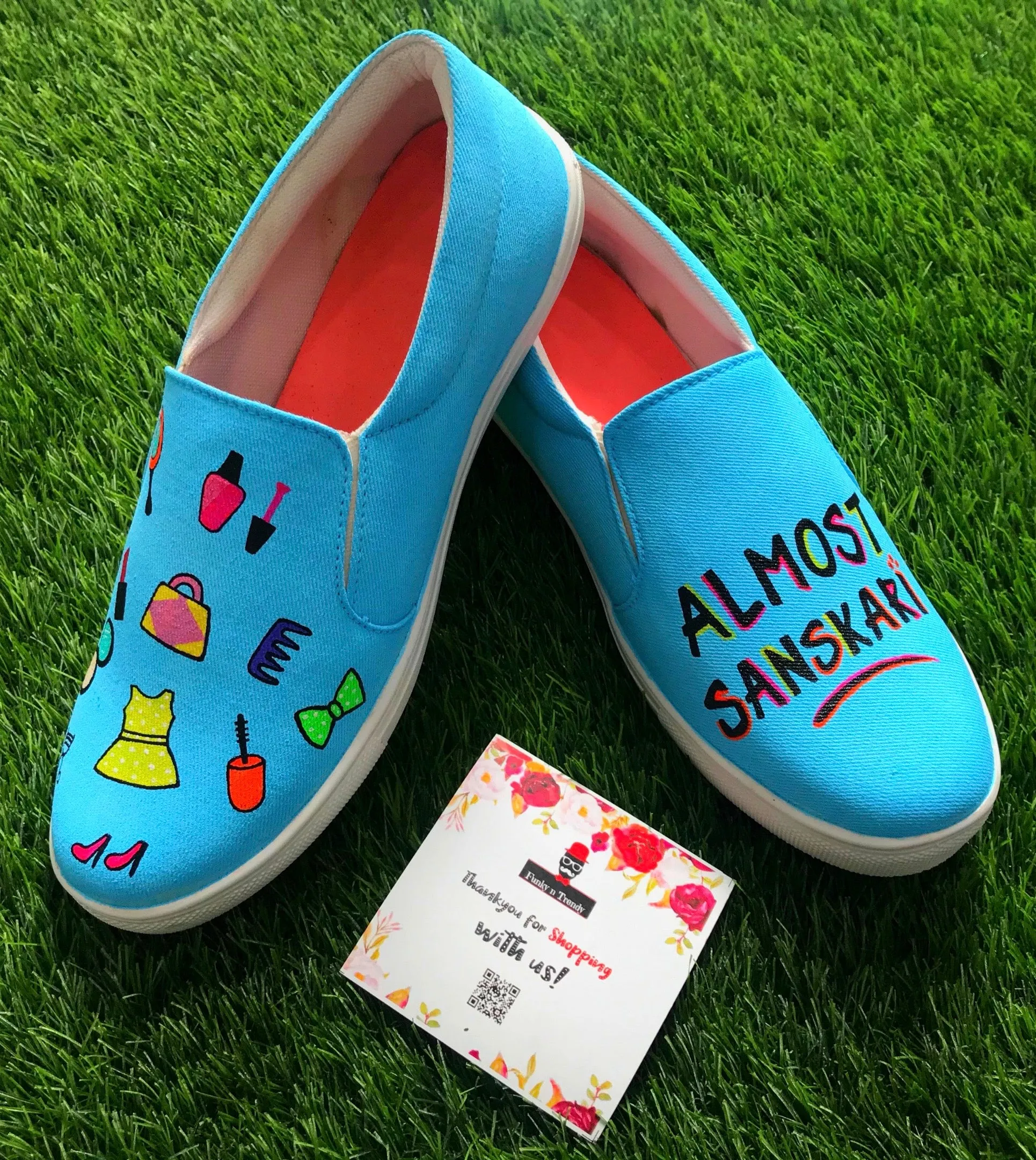 Funky N Trendy hand painted water resistant Almost Sanskari theme slip on shoes/ handpainted shoes/ women shoes / funky shoes/ blue shoes / funky handpainted shoes