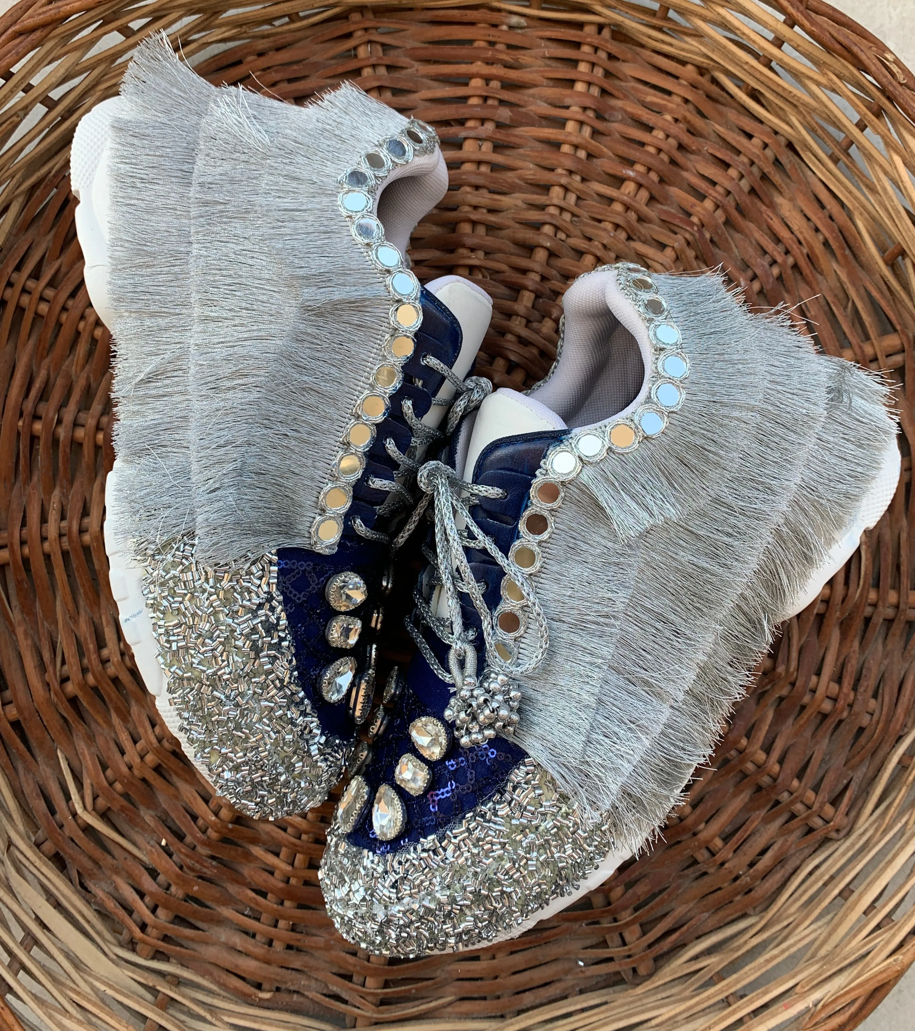 FUNKY N TRENDY Nevy blue and Silver hand work sneakers for brides / bridesmaids/ boho sneakers / blue sneakers / nevy blue shoes