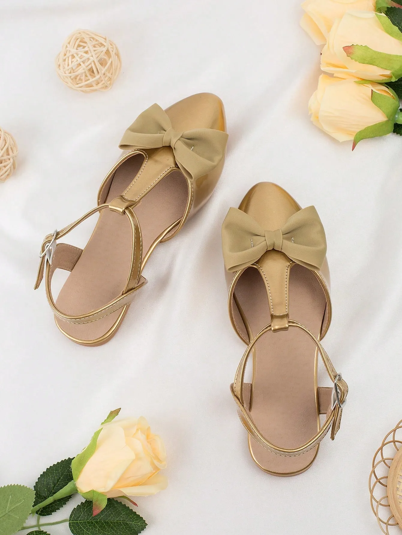 Girls Bow Decor Point Toe Ankle Strap Flats For Party-FD