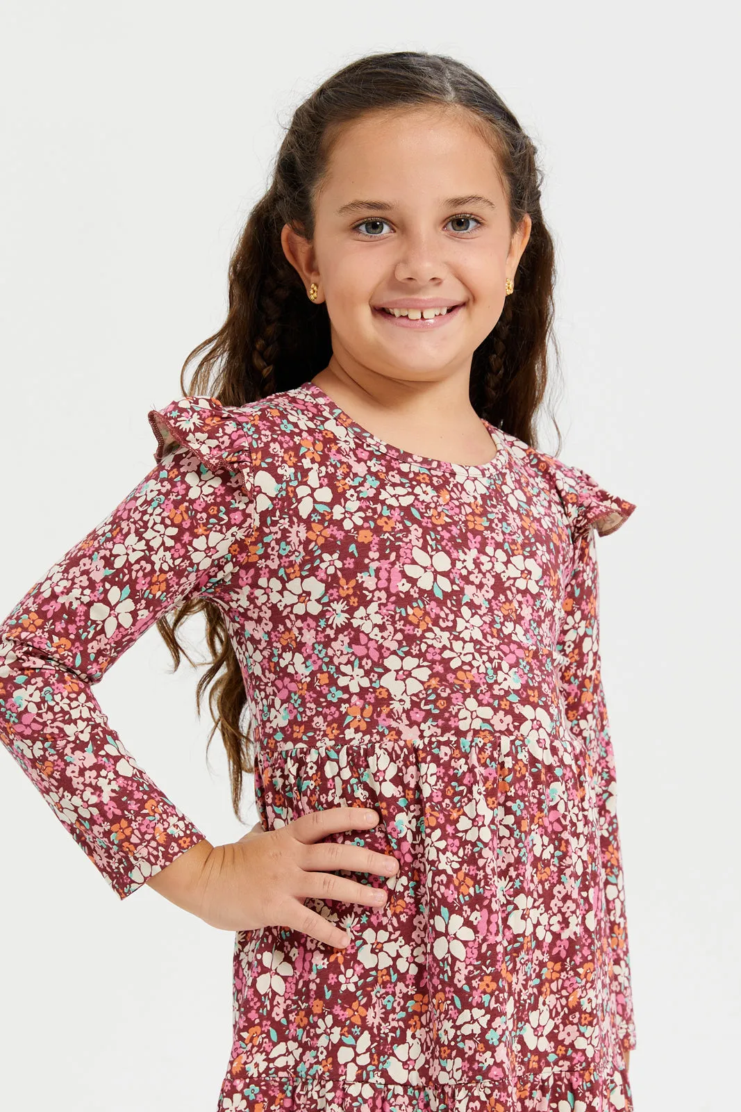 Girls Burgundy Printed Dress