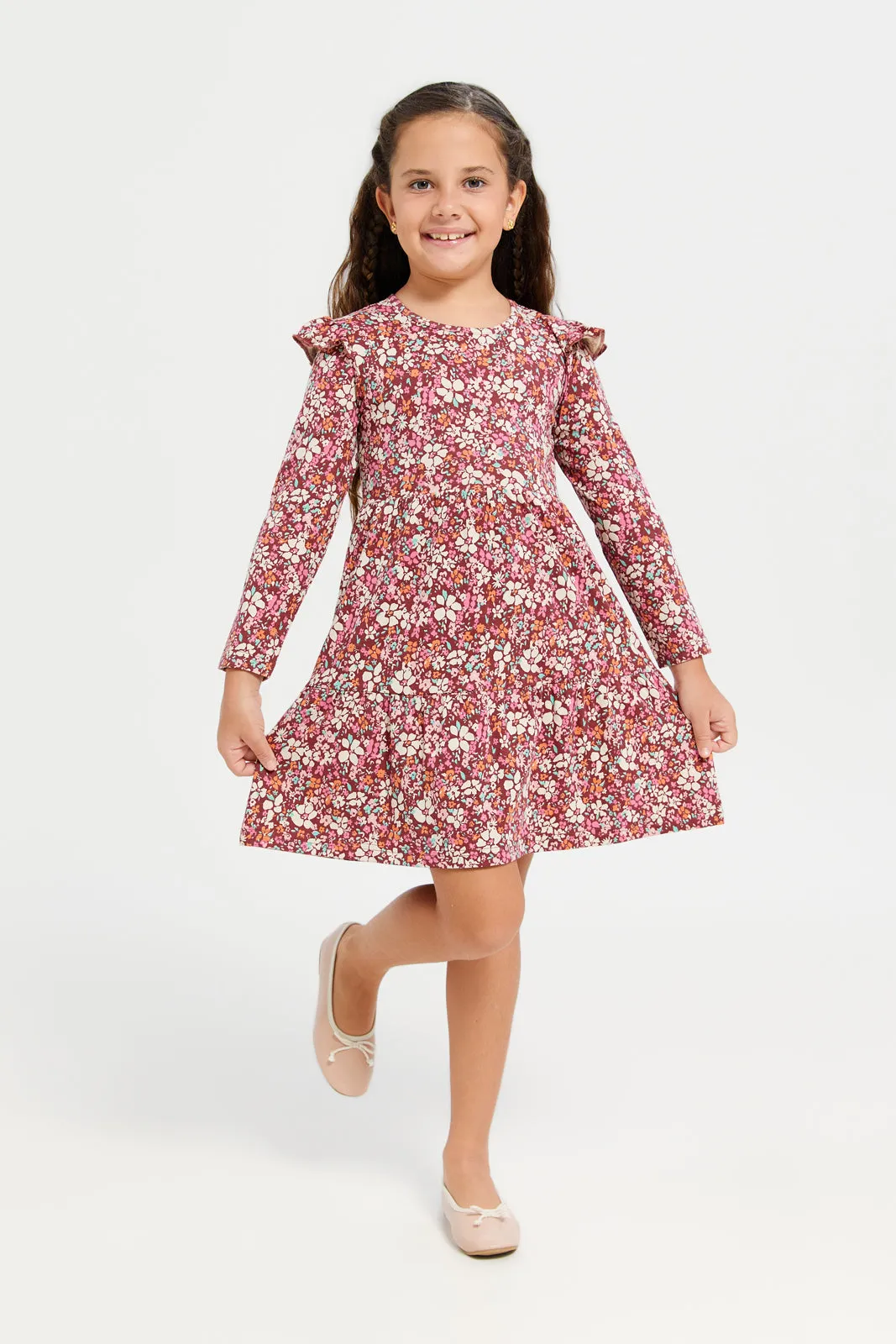 Girls Burgundy Printed Dress