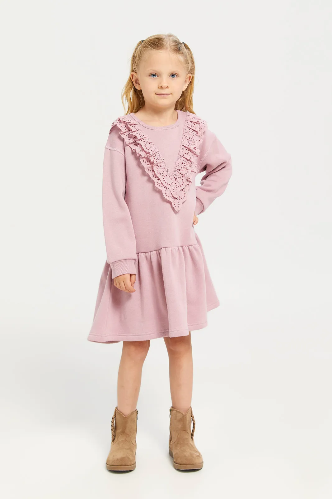 Girls Lilac Schiffly Long Sleeve Dress