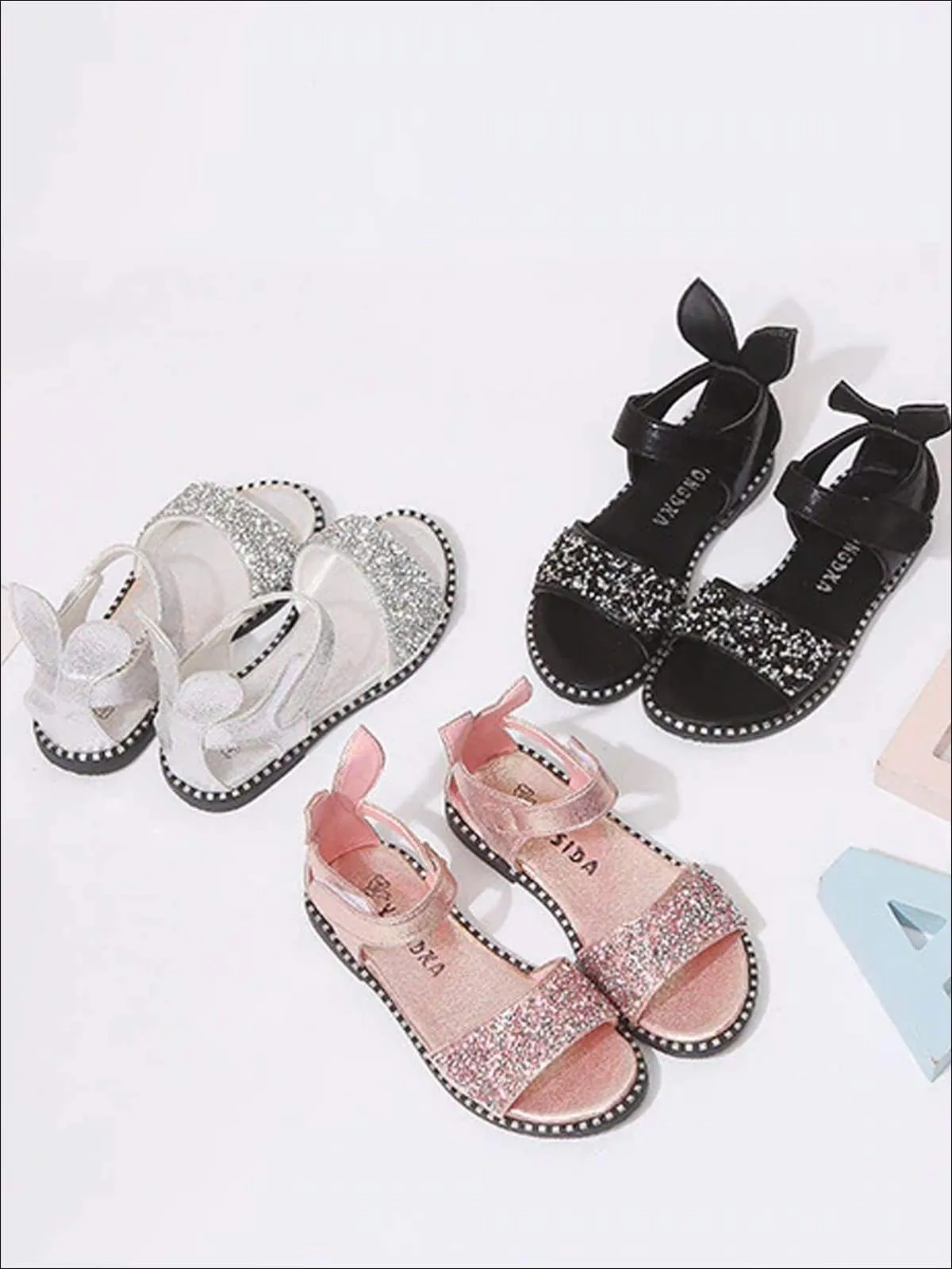 Glitter Rhinestone Bunny Ear Velcro Strap Sandals By Liv and Mia