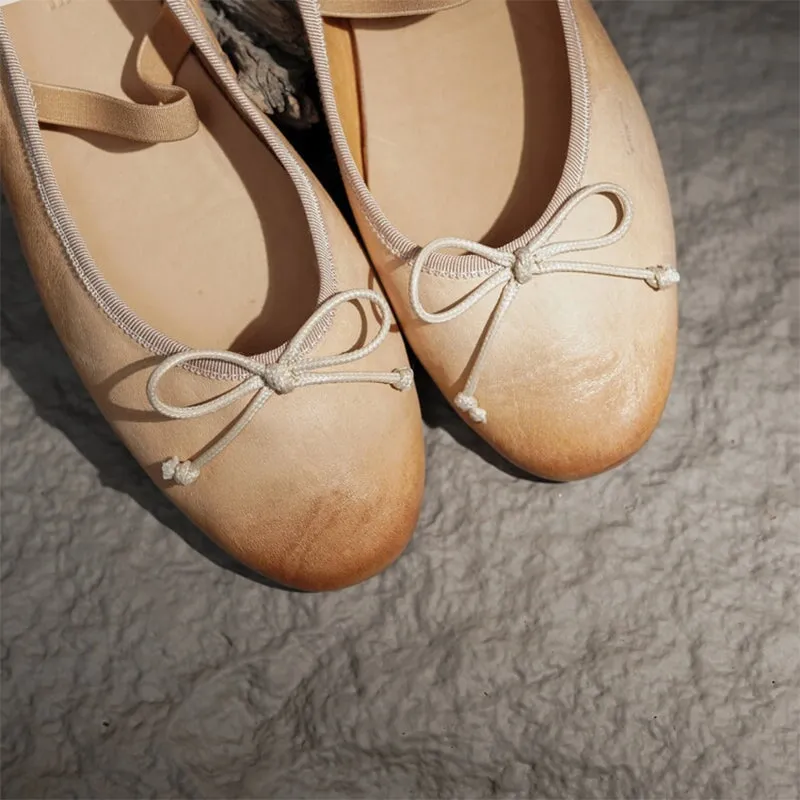 Handmade Leather Mary Jane Flats Elastic Band with Bow in Red/Black/Pink/Apricot