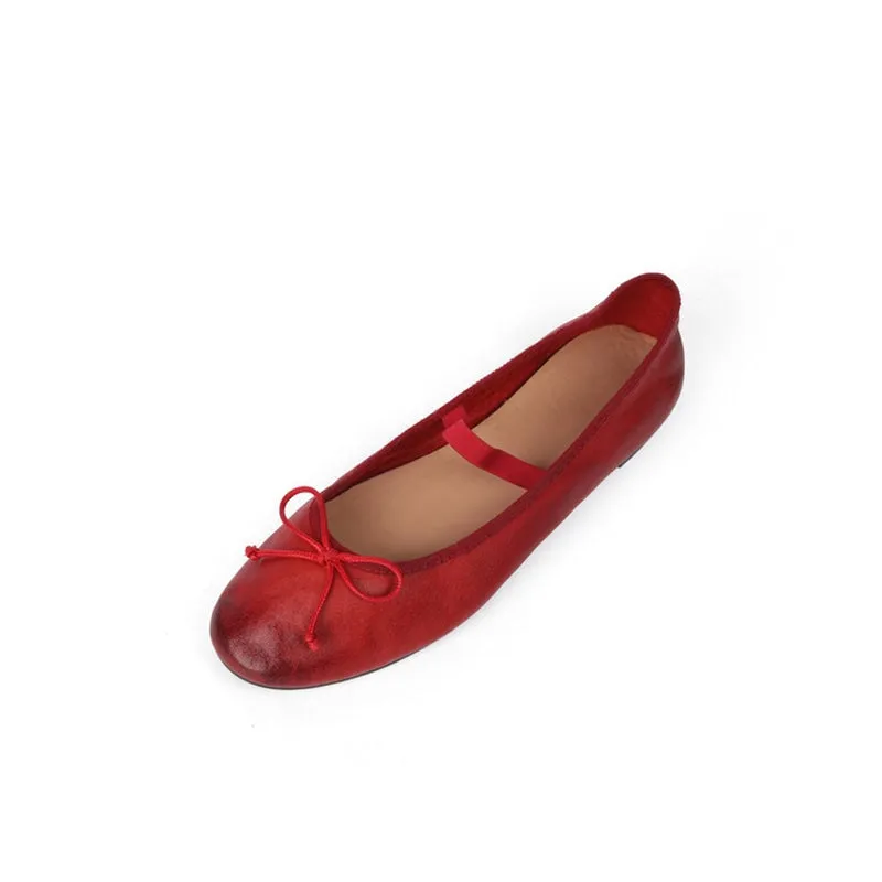 Handmade Leather Mary Jane Flats Elastic Band with Bow in Red/Black/Pink/Apricot