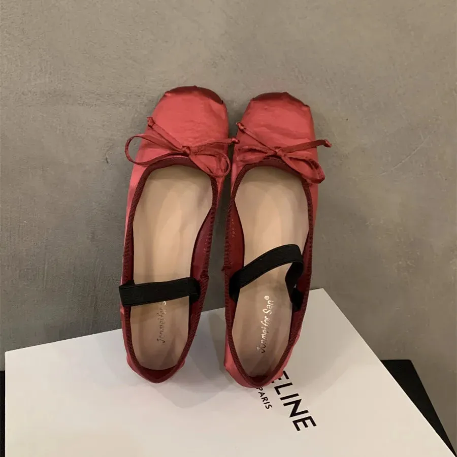 Hnzxzm Brand Luxury Satin Silk Ballet Shoes Woman Classic Square Toe Bowtie Elastic Band Ballerina Flats Ladies Soft Loafers M