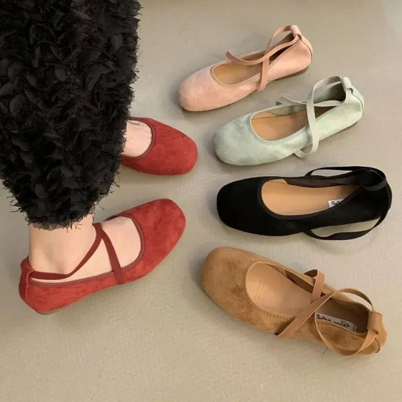 Hnzxzm Women's Ballet Flats Velvet Thin Shoes Mary Jane Loafers Square Toe Pumps Elastic Band Slip-on Casual Shoes Soft Lady Work Shoes