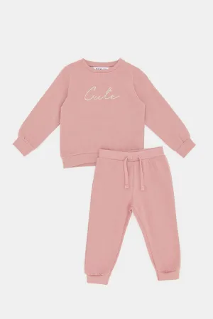 Infant Girls Pink Printed Embellished Active Jog Suit (2 Piece)