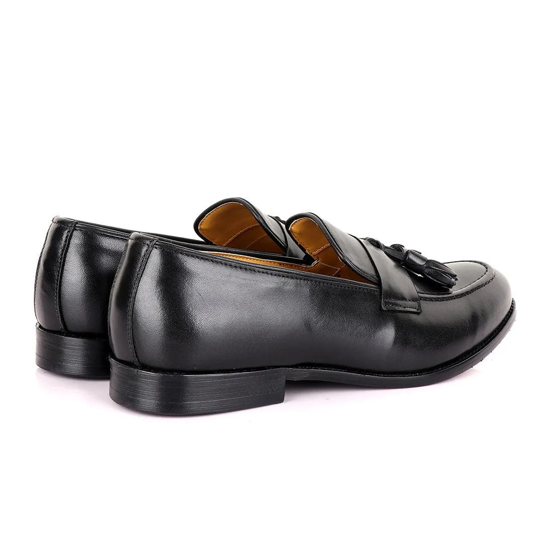 John Mendson Black Tassel Strap Leather Loafers