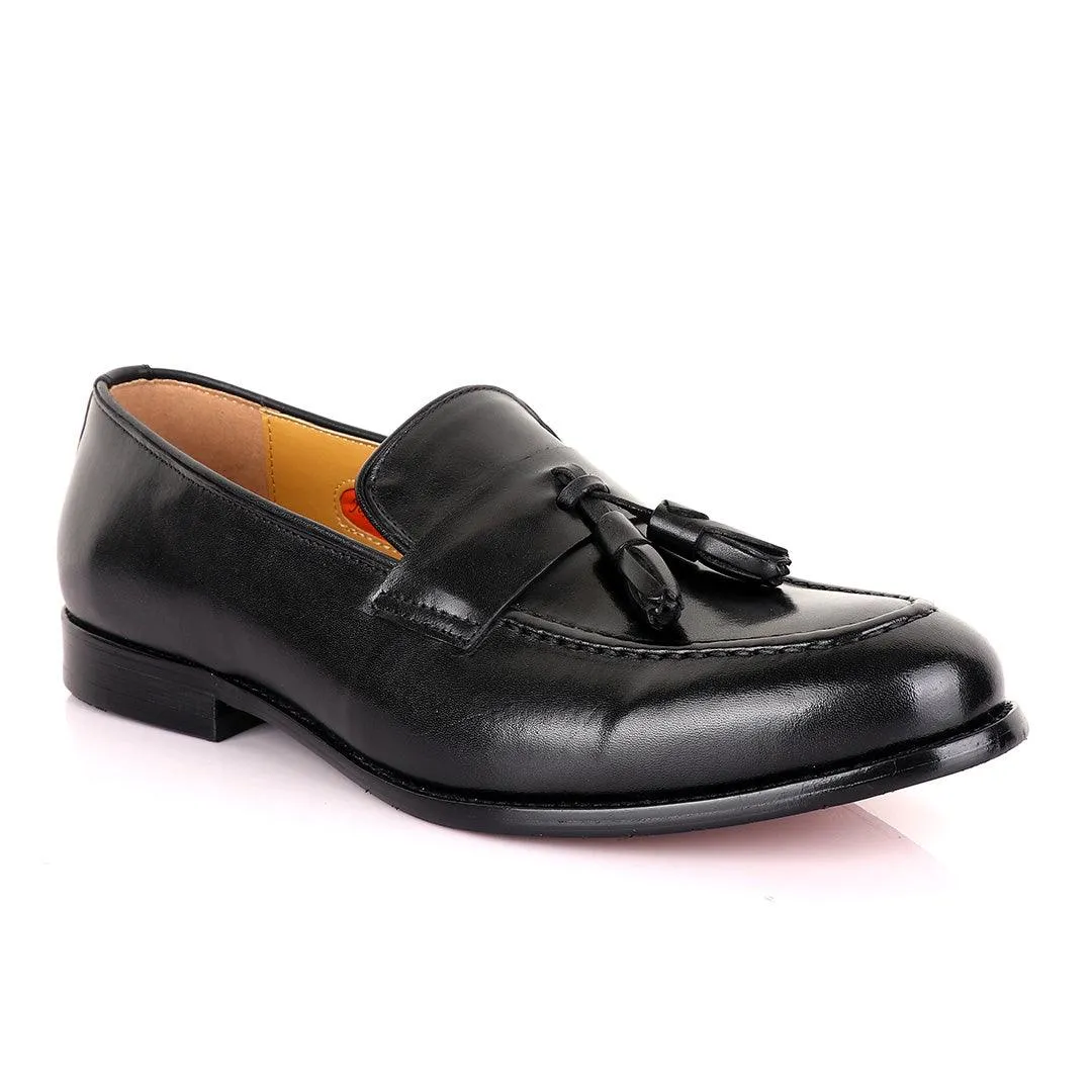 John Mendson Black Tassel Strap Leather Loafers