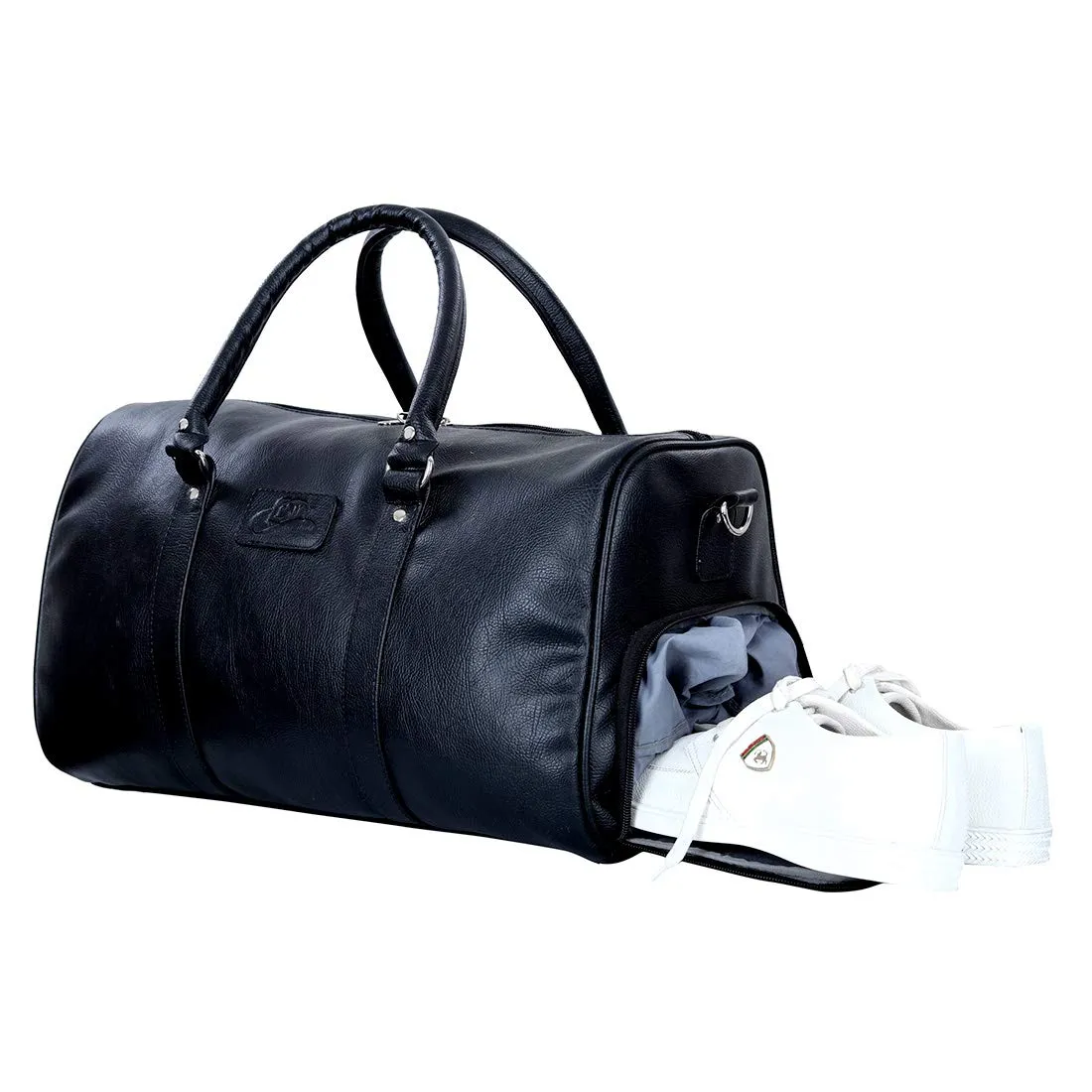 Leather World Black Pu Leather Sports Gym Duffle Bag with Shoe Compartment