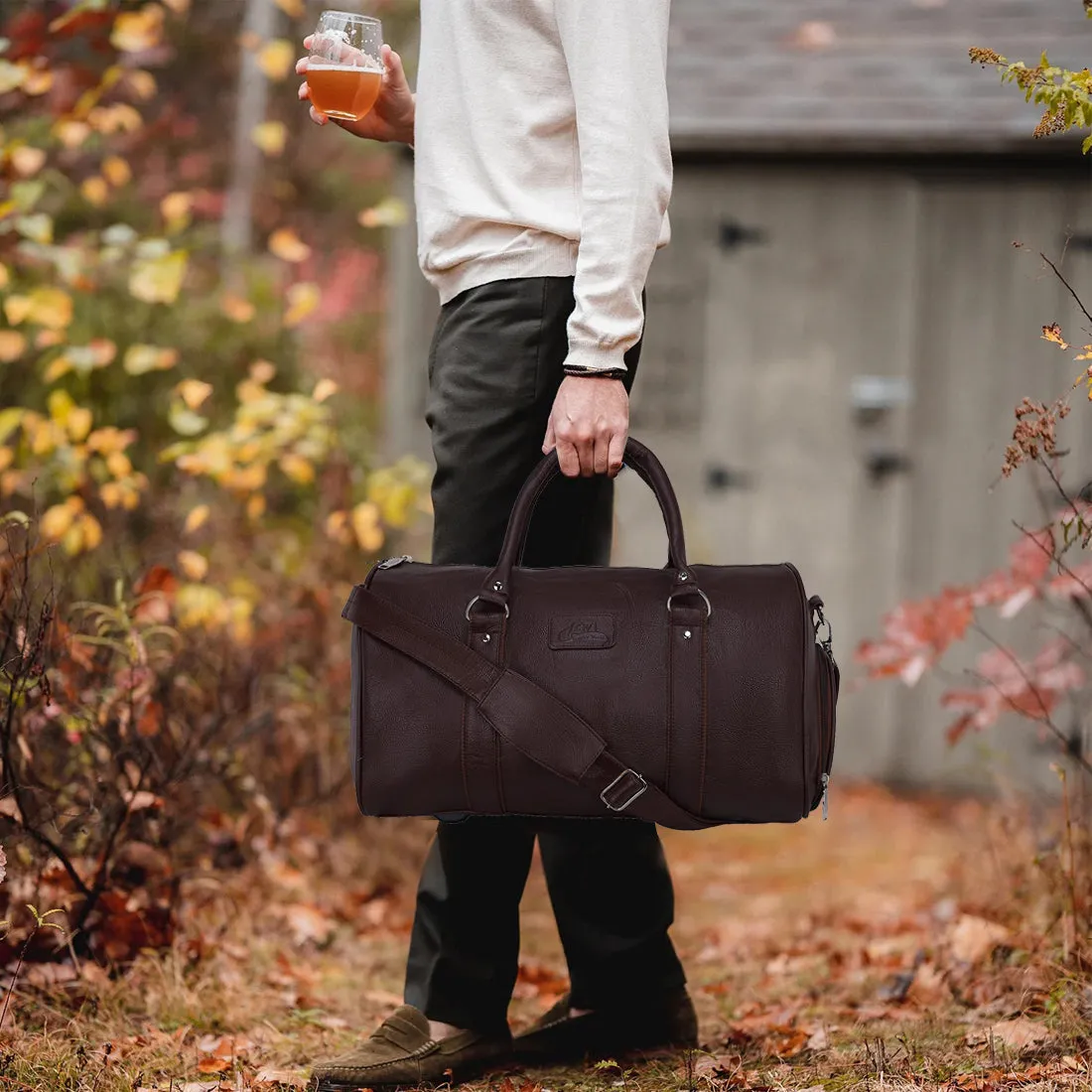 Leather World Brown Pu Leather Sports Gym Duffle Bag with Shoe Compartment