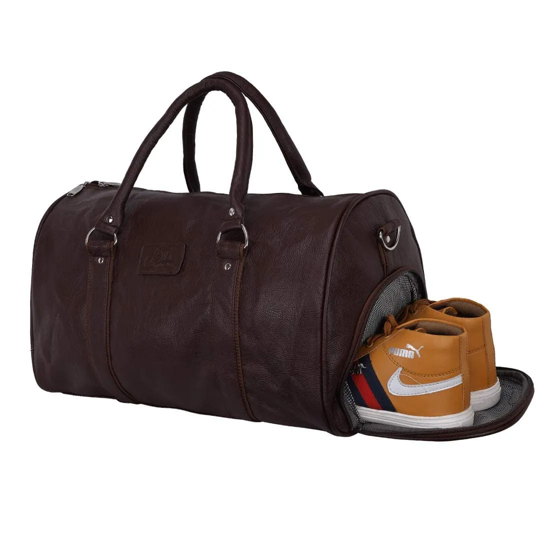 Leather World Brown Pu Leather Sports Gym Duffle Bag with Shoe Compartment