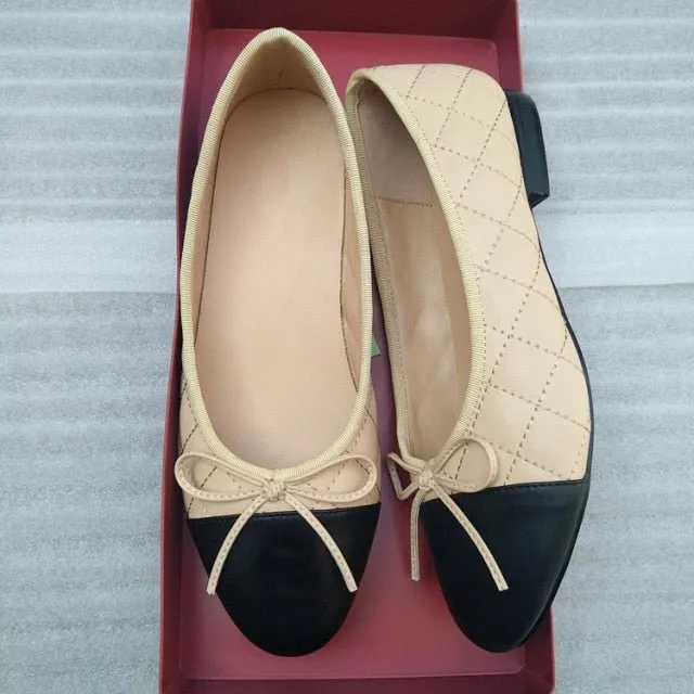 LOVELINESTIMES Leather or Tweed Cloth Ballet Flat Shoes