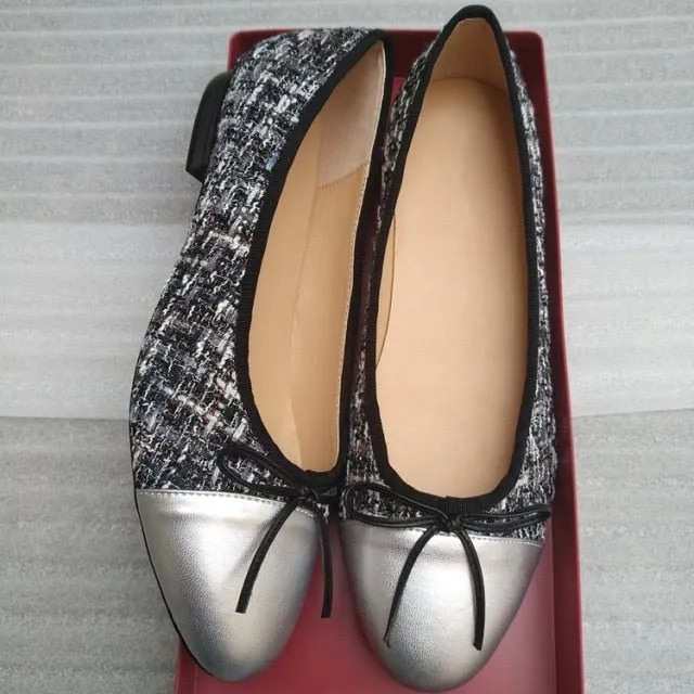 LOVELINESTIMES Leather or Tweed Cloth Ballet Flat Shoes