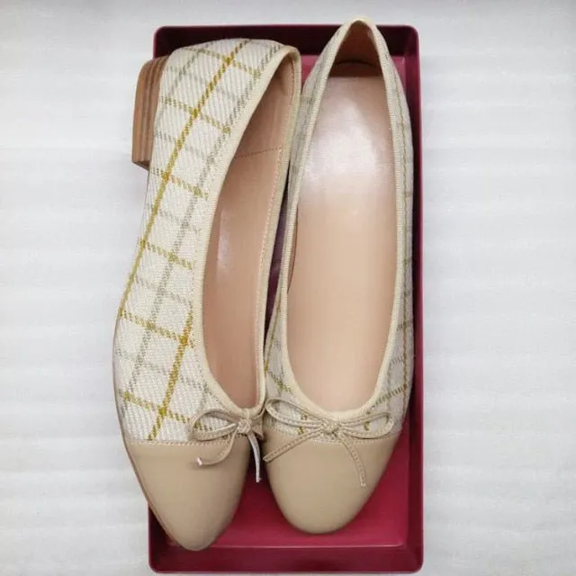 LOVELINESTIMES Leather or Tweed Cloth Ballet Flat Shoes