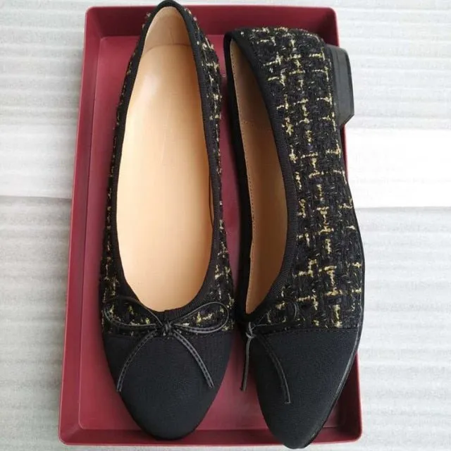 LOVELINESTIMES Leather or Tweed Cloth Ballet Flat Shoes