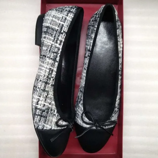 LOVELINESTIMES Leather or Tweed Cloth Ballet Flat Shoes