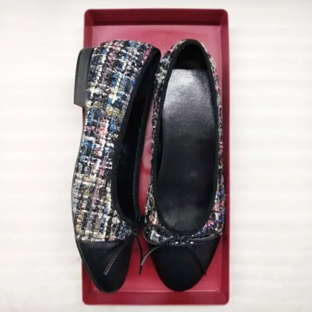 LOVELINESTIMES Leather or Tweed Cloth Ballet Flat Shoes