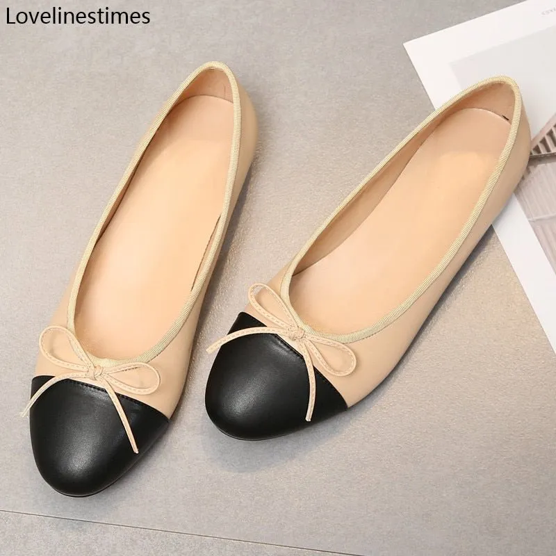 LOVELINESTIMES Leather or Tweed Cloth Ballet Flat Shoes