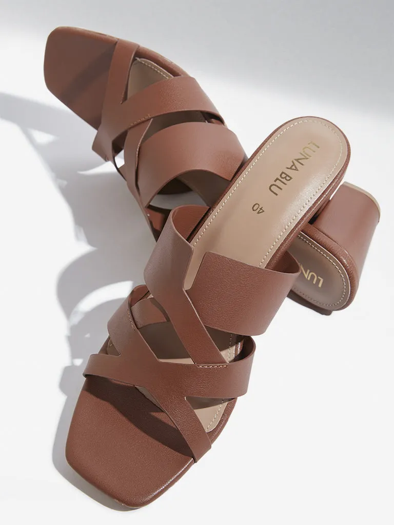 LUNA BLU Tan Multi-Strap Block-Heel Sandals