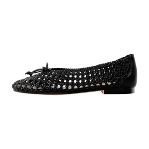 Merendy Asfora Round toe low heel bow-detail mesh royal black ballet pumps