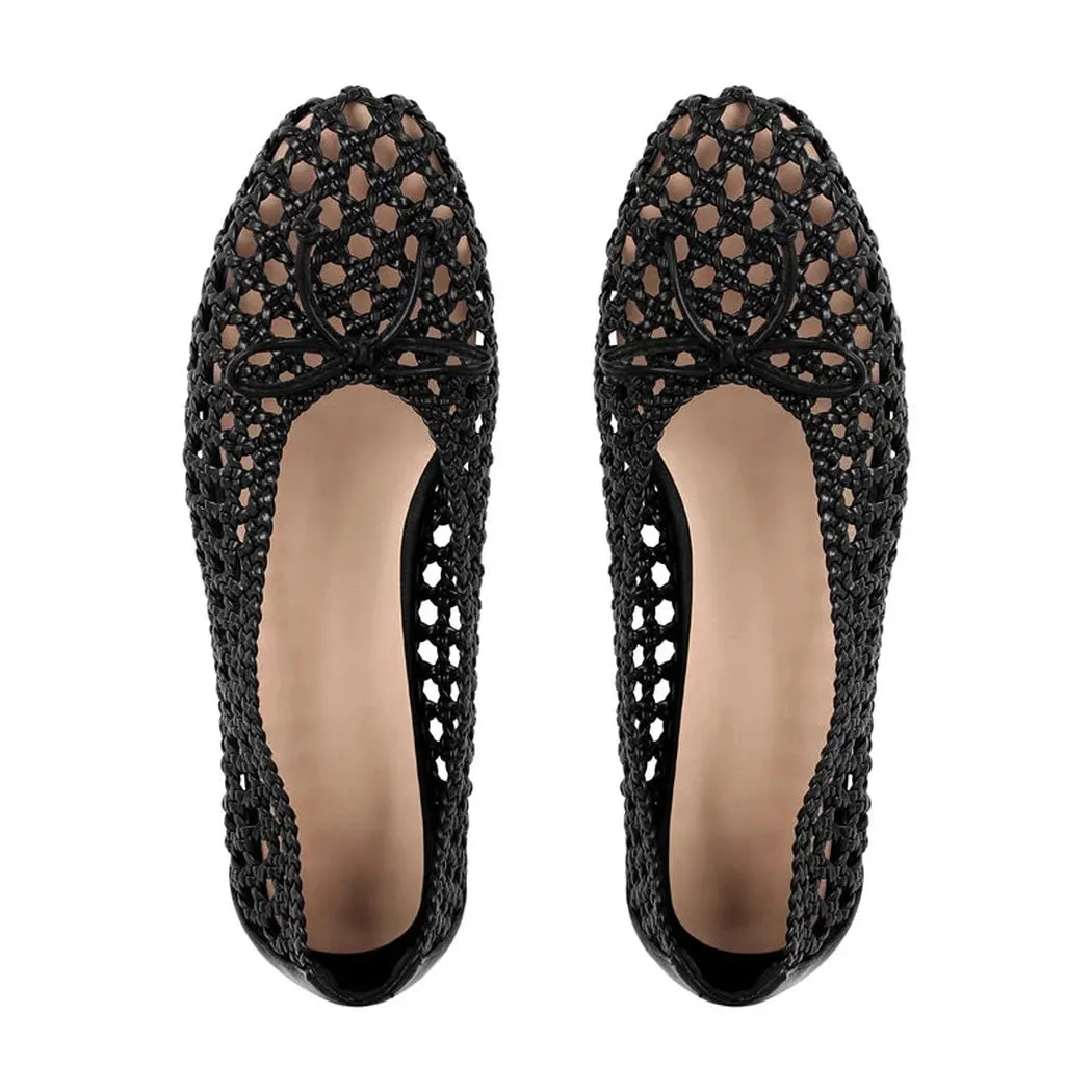 Merendy Asfora Round toe low heel bow-detail mesh royal black ballet pumps