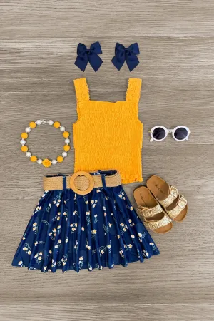 Mustard & Navy Daisy Skirt Set