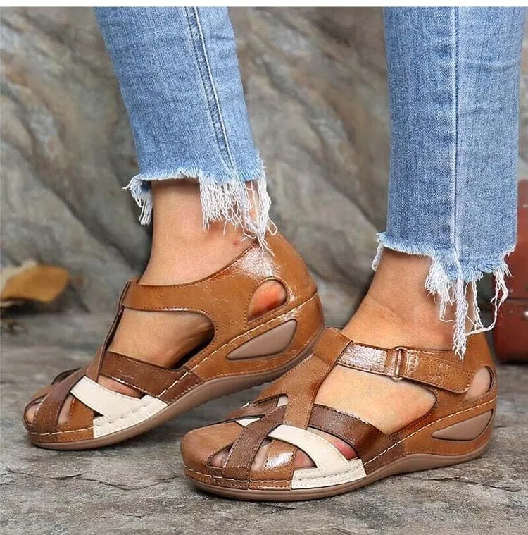 OCW Sandals For Women Retro Round Toe Roman Cut-Out Fashion