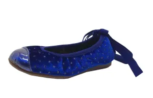 Papanatas by Eli Velvet Sparkle Cap Toe Elastic Lace Up Ankle Ballet Flats Royal Blue