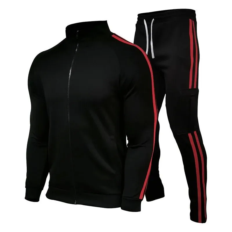 Plus Size Men's Jogging Sport Set with Three Stripes Stand Collar Zipper Workout Sports Suit Outdoor Running Sets