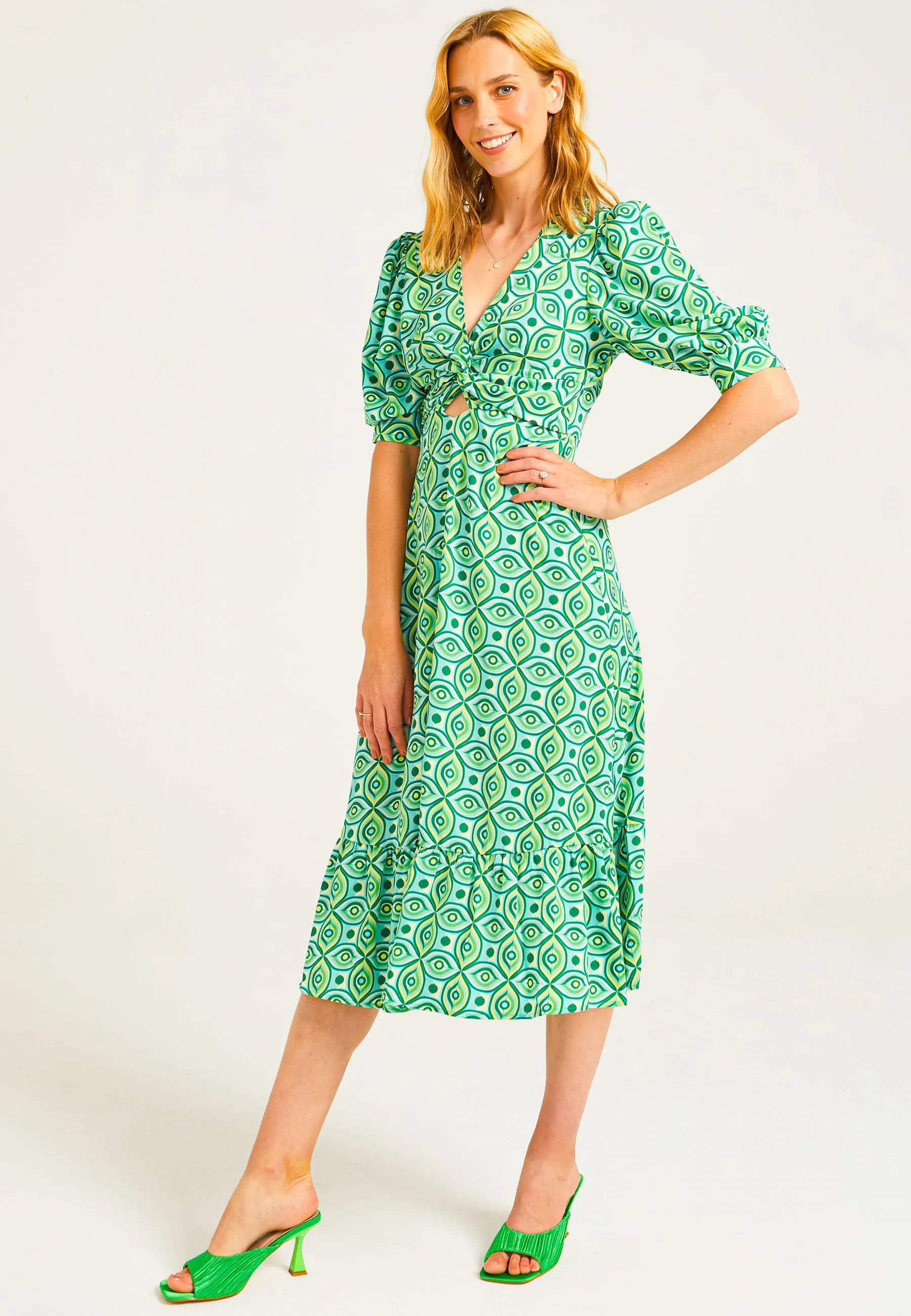 Puff Sleeve Front Knot Midi Tea Dress in Green Geometric Print