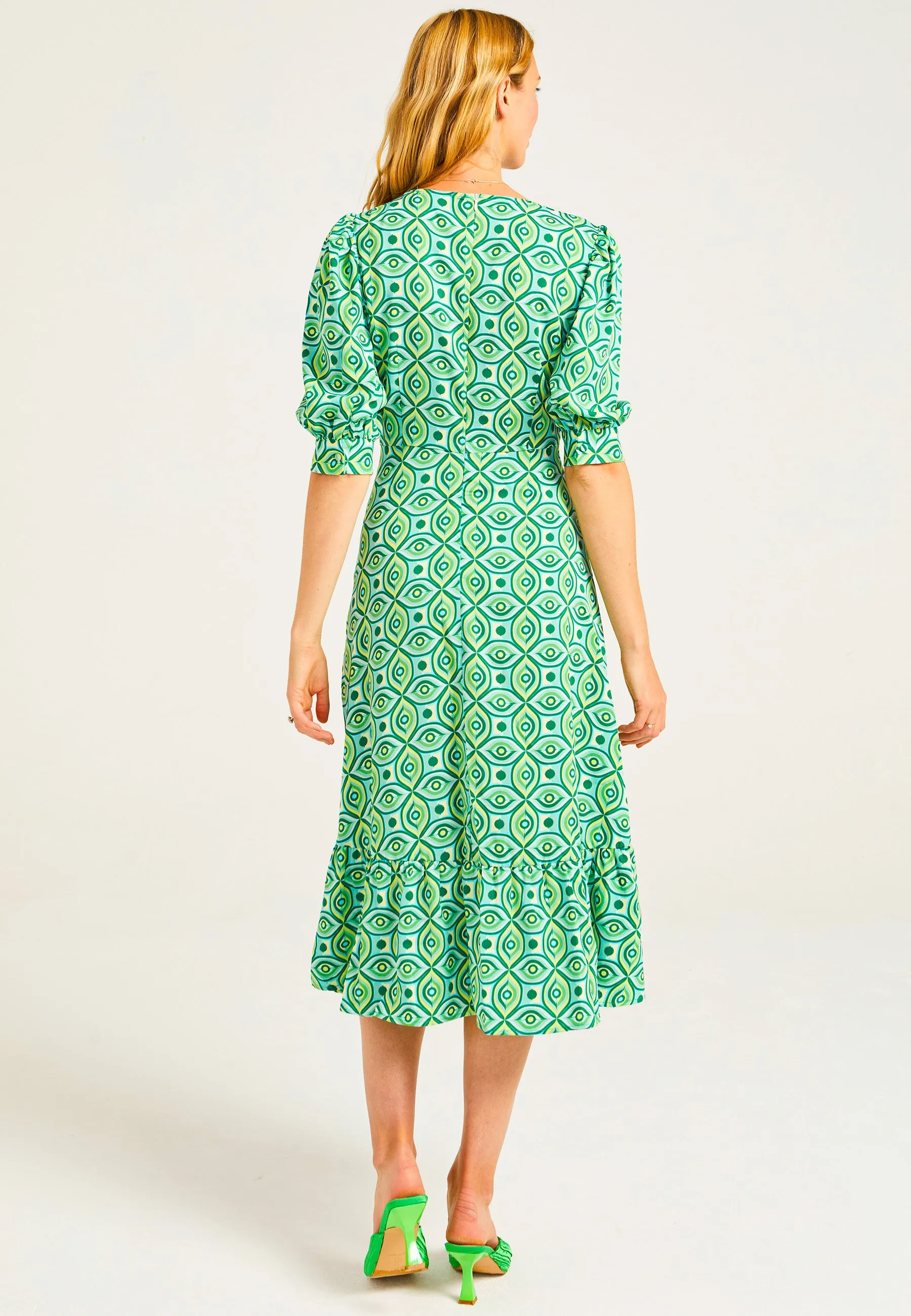 Puff Sleeve Front Knot Midi Tea Dress in Green Geometric Print