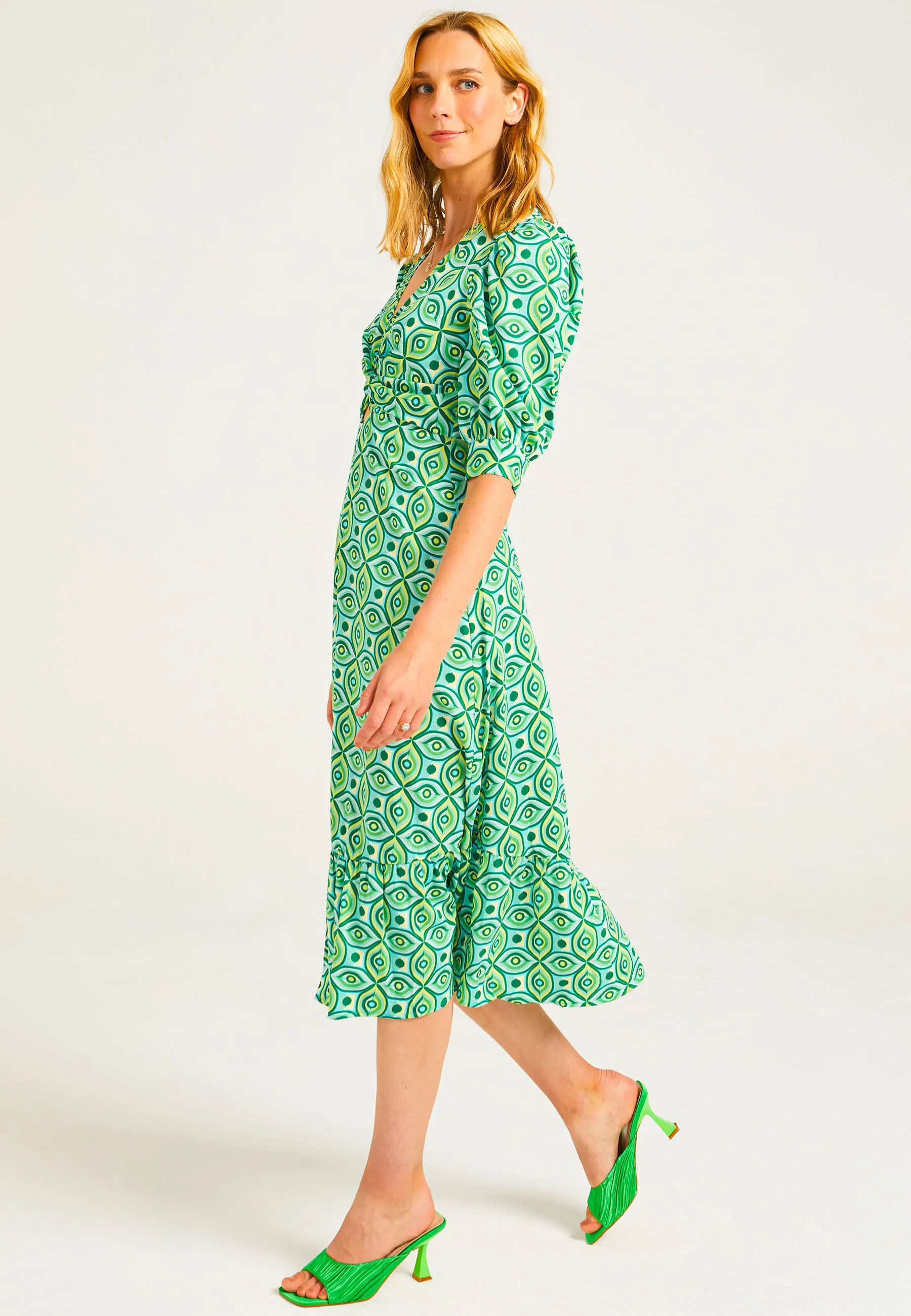 Puff Sleeve Front Knot Midi Tea Dress in Green Geometric Print