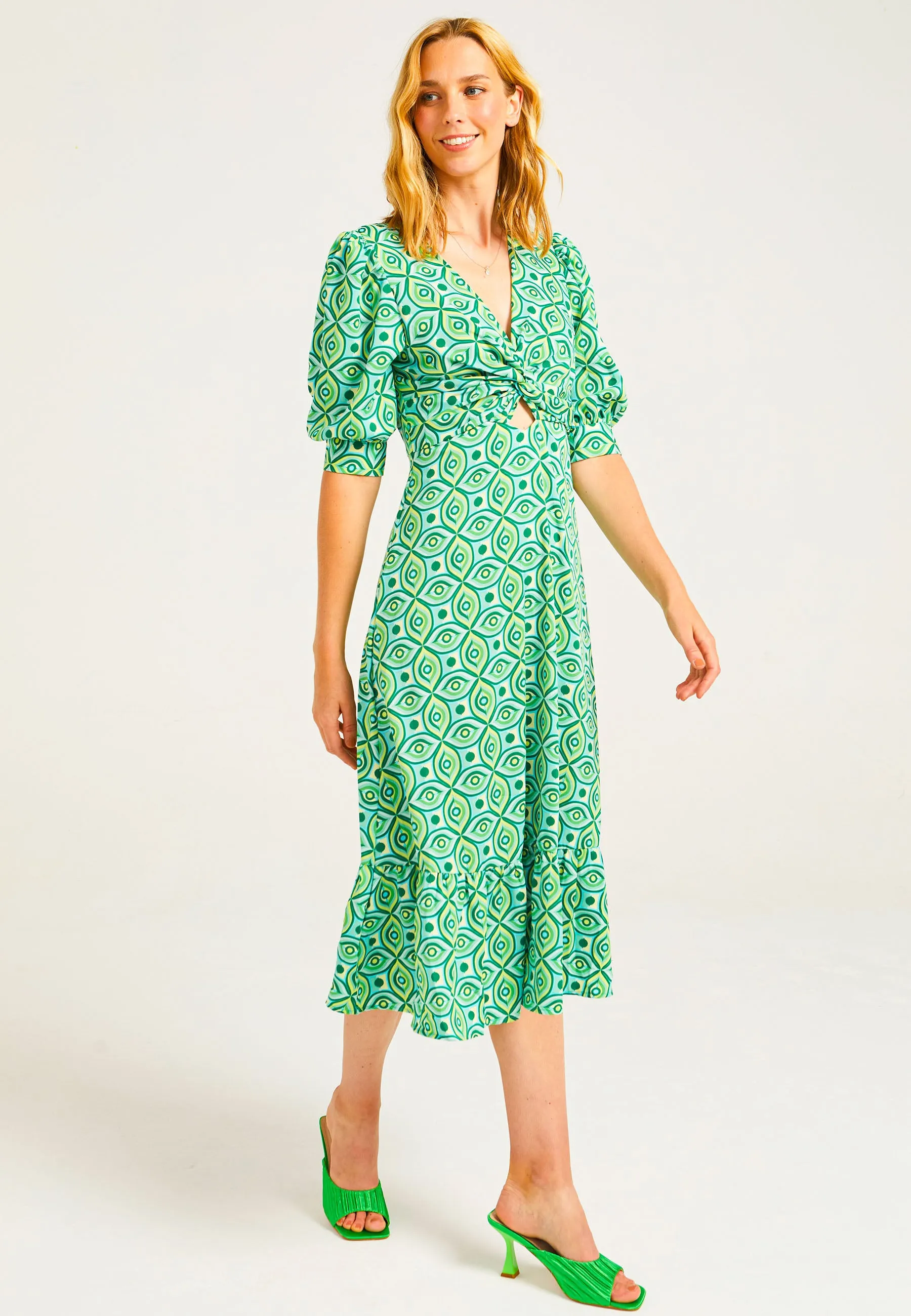 Puff Sleeve Front Knot Midi Tea Dress in Green Geometric Print