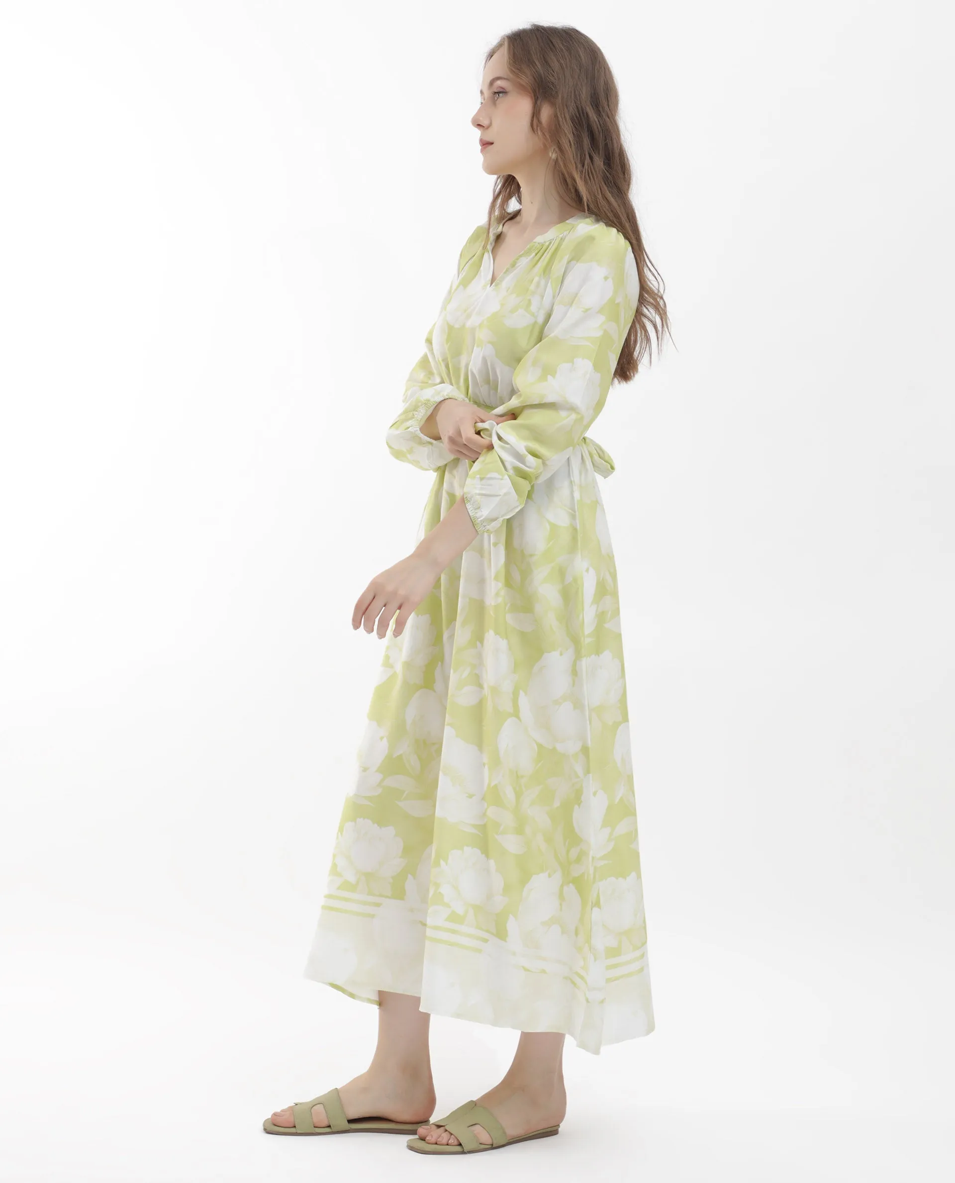 Rareism Women Emil Green Cotton Fabric Full Sleeves Tie-Up Closure Mandarin Collar Raglan Sleeve Fit And Flare Floral Print Maxi Dress