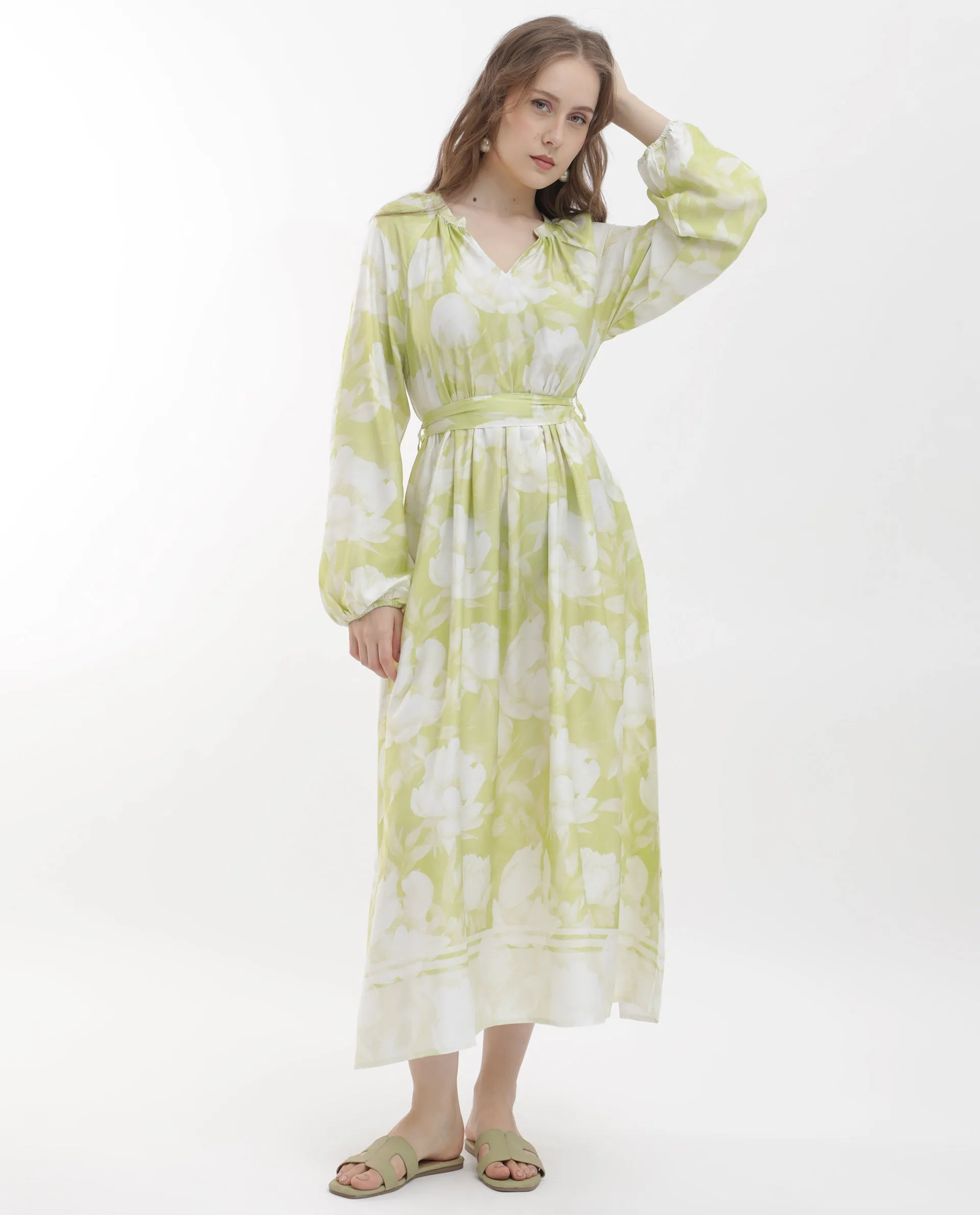 Rareism Women Emil Green Cotton Fabric Full Sleeves Tie-Up Closure Mandarin Collar Raglan Sleeve Fit And Flare Floral Print Maxi Dress