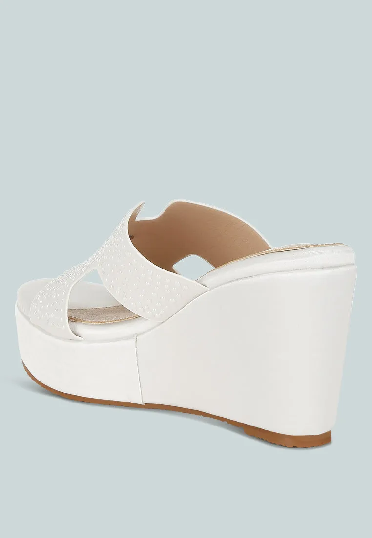 Renier Satin Pearl Detail Wedge Sandals