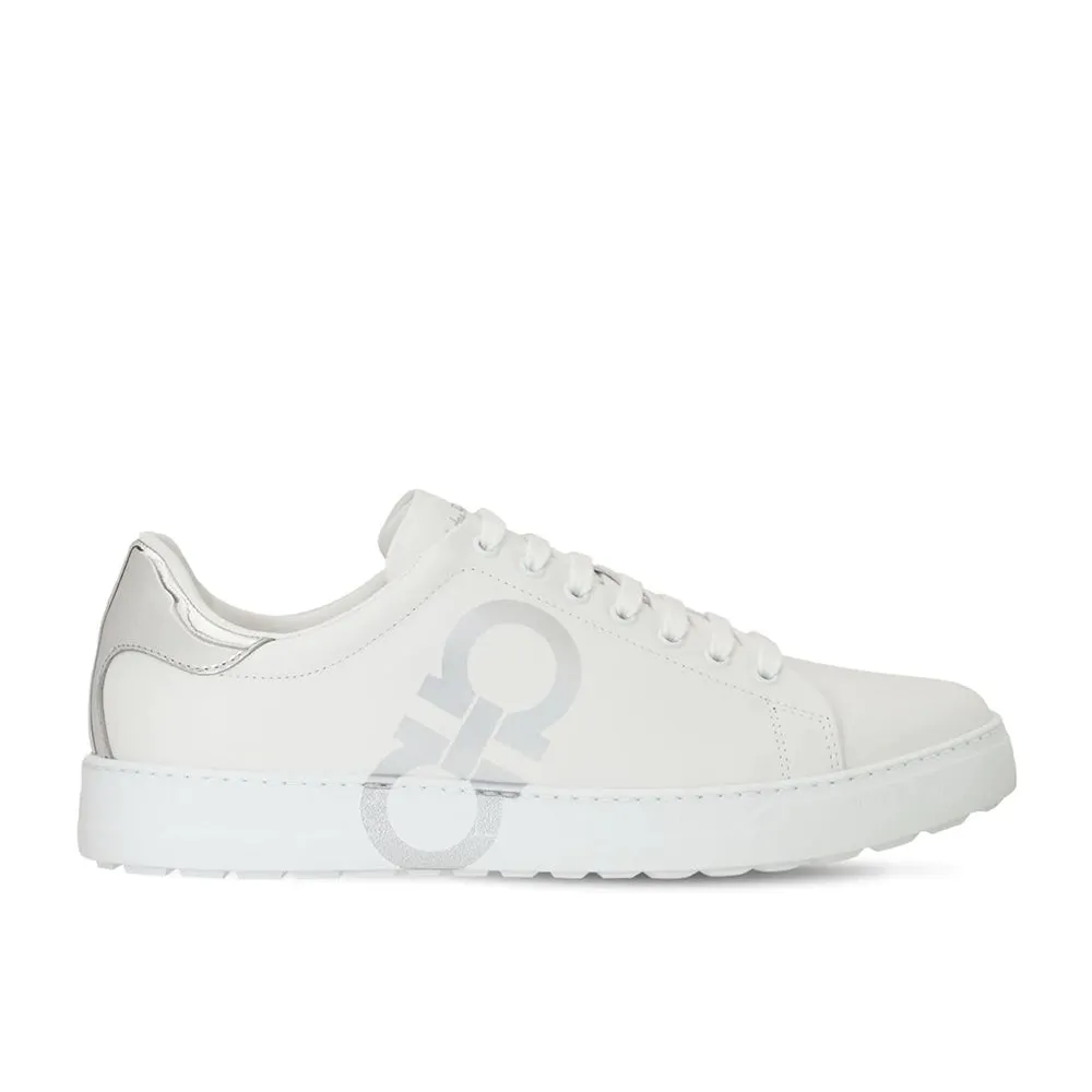 Salvatore Ferragamo Men's Gancini Logo Leather Lace-up Sneaker in White and Silver