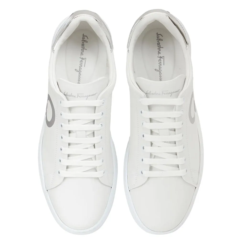 Salvatore Ferragamo Men's Gancini Logo Leather Lace-up Sneaker in White and Silver