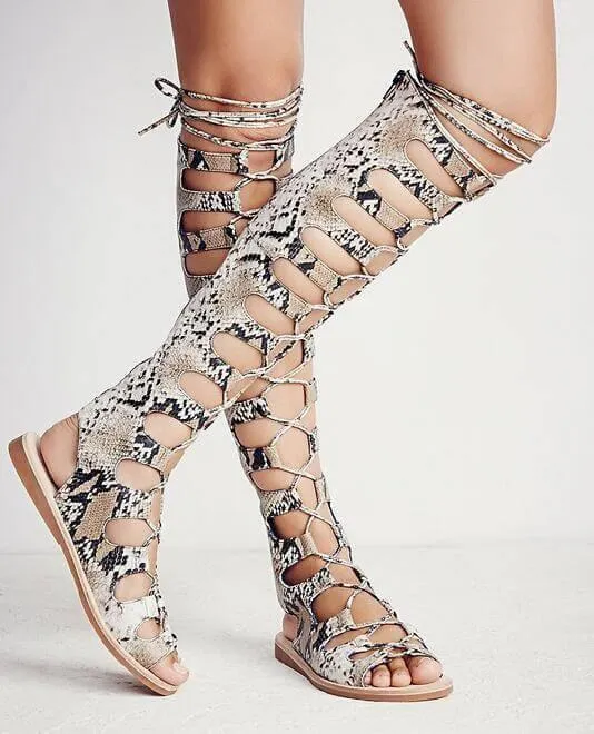 Snake Leather Strappy Cut-out Gladiator Boots