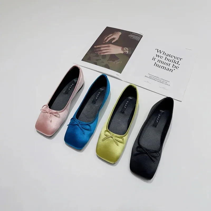 Sohiwoo 2024 Spring/Autumn Flats Mary Jane Shoes Women's Shoes  Senior Silk Satin Ballet Flats Women Shoes Blue Black Green Pink