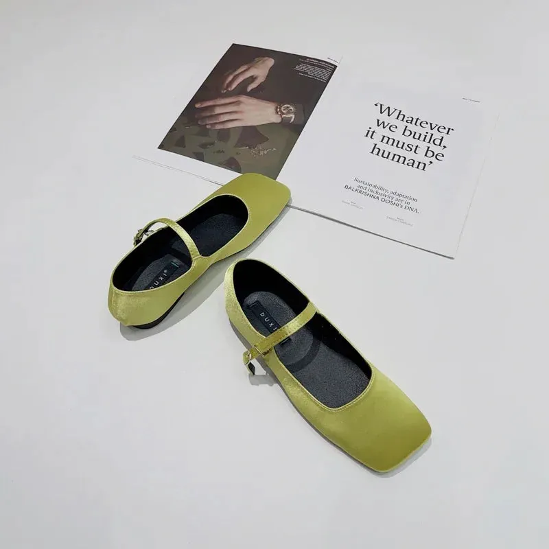 Sohiwoo 2024 Spring/Autumn Flats Mary Jane Shoes Women's Shoes  Senior Silk Satin Ballet Flats Women Shoes Blue Black Green Pink